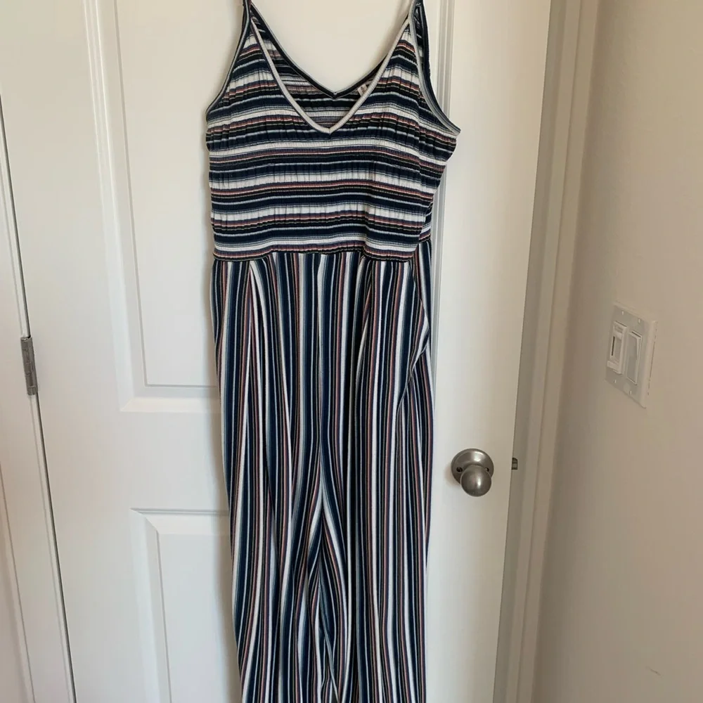 Xhilaration Navy, Cream & Tan Striped V-Neck Wide-Leg Jumpsuit - Picture 3 of 3